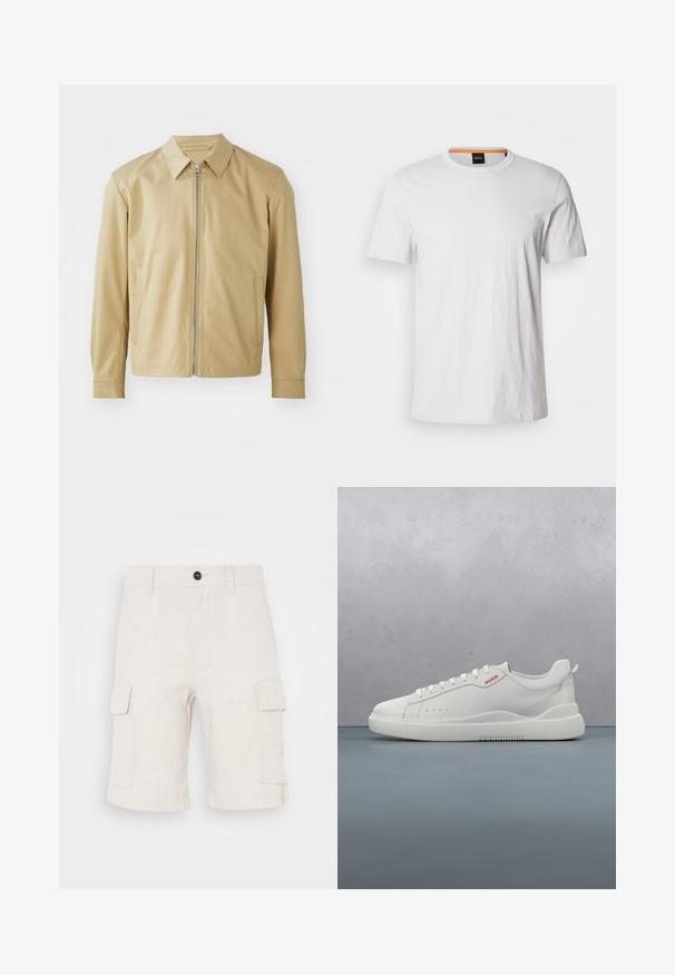 Beige leichte Jacke mit Kragen, Frontreißverschluss und zwei seitlichen Taschen. Glatte Textur und lockere Passform.; Weißes T-Shirt mit kurzen Ärmeln aus weicher Baumwolle, mit einem runden Ausschnitt und dezenter Logodetail in passendem Weiß auf der Vorderseite.; Beige Cargo-Shorts aus leichtem Stoff, mit zwei seitlichen Taschen und umgeschlagenem Saum. Knopfverschluss an der Taille.; Weiße Sneaker aus glattem Leder, runde Spitze, vier Ösen, dezente Perforationen und ein rotes Logodetail an der Seite.