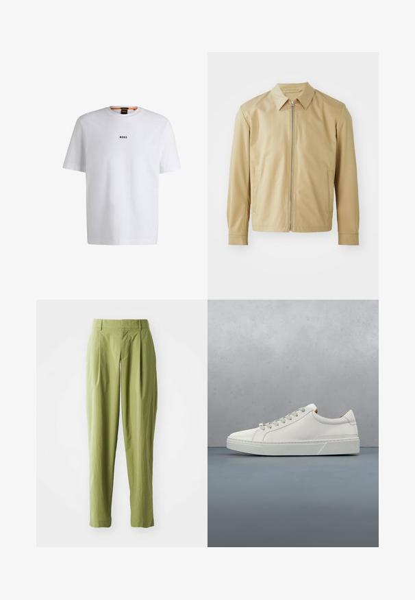 Chaqueta ligera beige con cuello tipo cazadora, cierre frontal de cremallera y dos bolsillos laterales. Textura suave y corte relajado.; Camiseta de algodón blanca de manga corta, con un logotipo negro "BOSS" centrado en el pecho y un diseño de cuello redondo.; Pantalones verdes claros hechos de una tela texturizada, con una forma recta, pliegues en la parte frontal y una cinturilla estándar.; Zapatilla blanca de cuero con punta redondeada, diseño minimalista, cordones grises y suela de goma texturizada gris. Detalles de costura sutiles visibles.