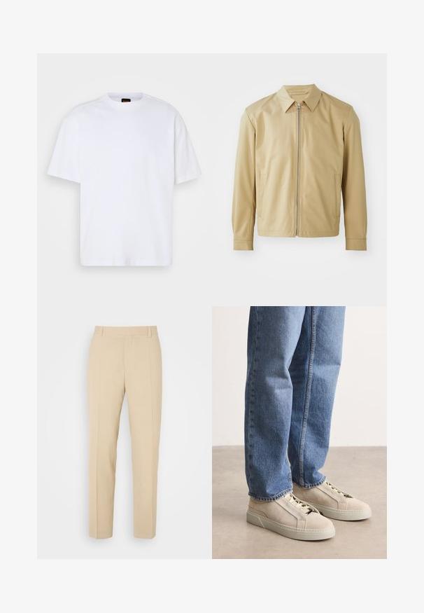 Beige leichte Jacke mit Kragen, Frontreißverschluss und zwei seitlichen Taschen. Glatte Textur und lockere Passform.; Weißes Baumwoll-T-Shirt mit Rundhalsausschnitt, kurzen Ärmeln und lässiger Passform. Verfügt über strukturierte Schulternaht für zusätzliche Details.; Beige maßgeschneiderte Hosen mit geradem Bein, aus leichtem Stoff, mit zwei vorderen Taschen und ordentlich gebügelten Falten.; BOSS GARYTENN_SDHDEL - Sneaker low - natural ten