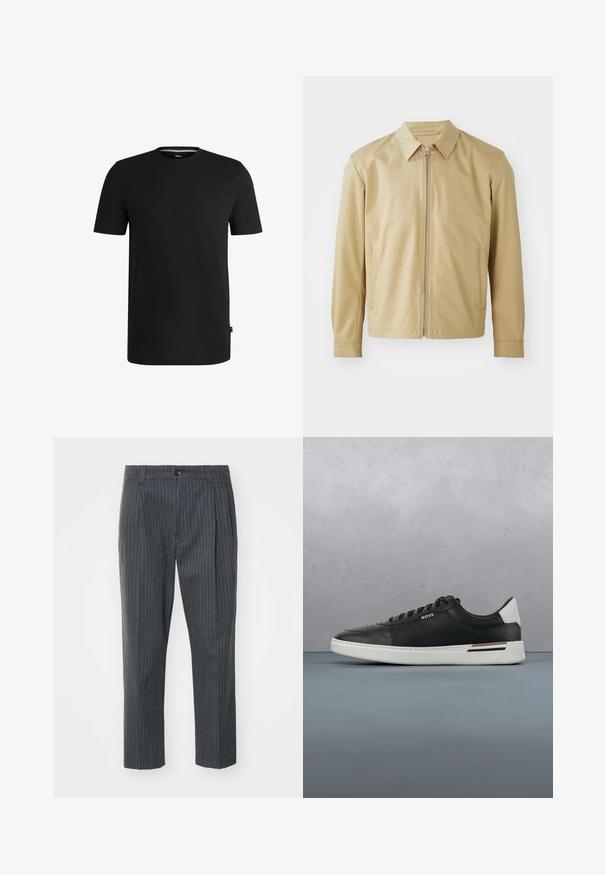 Beige leichte Jacke mit Kragen, Frontreißverschluss und zwei seitlichen Taschen. Glatte Textur und lockere Passform.; Schwarzes T-Shirt mit kurzen Ärmeln aus weicher Baumwolle und rundem Halsausschnitt. Verfügt über ein dezentes Markenlabel auf der linken Seite nahe dem Saum.; Graue Nadelstreifen-Hosen mit geradem Bein, ausgestattet mit einem Knopfverschluss und glattem Stoff. Taillierte Passform mit Falten.; Schwarze Ledersneaker mit weißer Sohle, ausgestattet mit Perforationen, Schnürdesign, Logo an der Seite und kontrastierenden Fersendetails in Weiß und Braun.