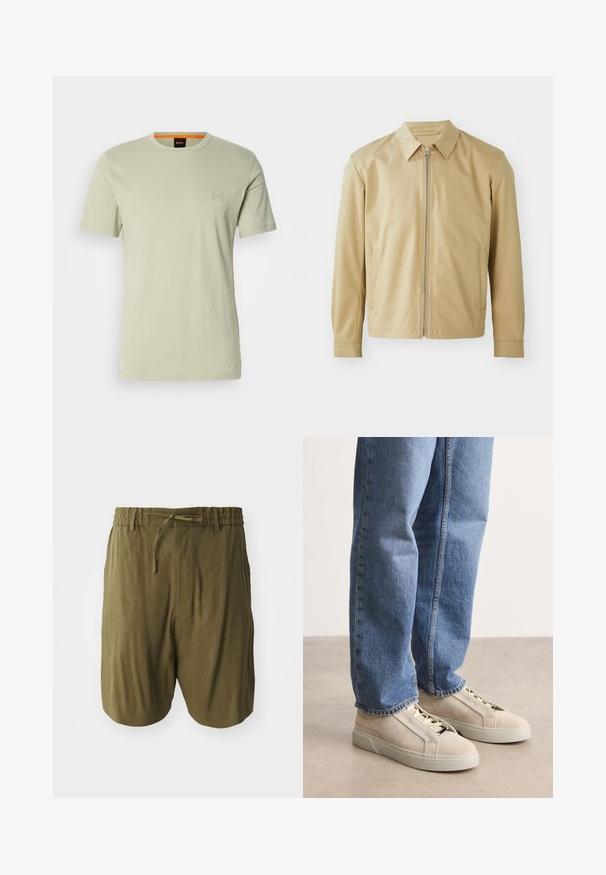 Beige leichte Jacke mit Kragen, Frontreißverschluss und zwei seitlichen Taschen. Glatte Textur und lockere Passform.; Hellgrünes T-Shirt mit kurzen Ärmeln aus Baumwolle. Verfügt über ein kleines quadratisches Logo auf der Brust und einen orangen Akzent am Ausschnitt.; Olivgrüne Shorts aus leichtem Stoff, mit einem elastischen Bund und Kordelzug sowie seitlichen Taschen für zusätzlichen Komfort.; BOSS GARYTENN_SDHDEL - Sneaker low - natural ten