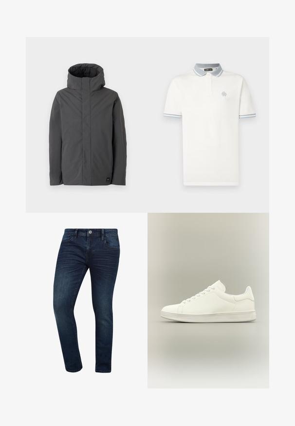 Grijze, middelgrote jas met een hoge kraag en een minimalistisch ontwerp. Kenmerkt zich door een gladde textuur en een klein merklogo aan de onderkant links.; Witte poloshirt van katoen, met een contrasterende lichtblauwe kraag met strepen, korte mouwen en een klein geborduurd logo op de borst.; Donkerblauwe denim jeans met een slim fit, voorzien van een klassiek vijf-pocket ontwerp en een metalen knopsluiting bij de taille.; Minimalistische witte laag uitgesneden sneaker met veters, gladleren bovenwerk en een gestructureerde rubberen zool, weergegeven op een neutrale achtergrond.