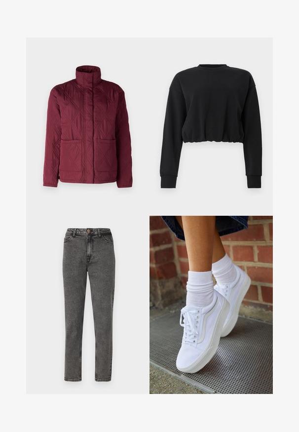 Burgundia värvi tikandiga jakk kõrge kraega, millel on kaks esikäepidet ja tekstuuriga muster, kus on esindatud teemantikujusid.; Musta lühikeste varrukate ja pehmete kangastega crop-sweater. Omab pikki varrukaid, ümmargust kaelust ja kogutud hemmi, et tagada mugav istuvus. Lihtne disain.; Hallid denimpüksid sirge säärega, üksikul vasknupul, esikottidel ja nähtavate õmbluste detailidega.; Valged kanvas tennisikud kummitaldadega, kuue silmaga, ümmarguse varbaga ja kergete tikandite detailidega, koos valgete pahkluusokkidega.