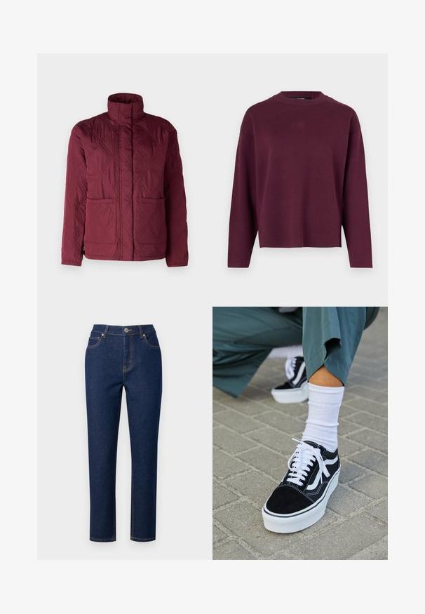 Burgundská prešívaná bunda s vysokým golierom, dvoma prednými vreckami a textúrovaným vzorom s diamantovými tvarmi.; Vero Moda Knitted VMSILJE Knitted - Svetrík - winetasting; Tmavomodré denimové džínsy s rovný fit, s predným zipsom, zapínaním na gombík a zvýrazneným šitím na vreckách a švoch.; Čierne semišové tenisky s bielymi akcentmi a šnúrkami, s hrubou bielou podrážkou a kontrastným prešívaním, doplnené o bielu ponožku.