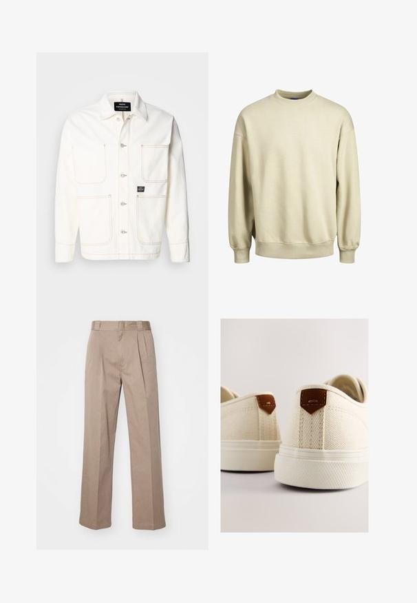 Weiße Jeansjacke mit Knopfleiste, zwei großen Brusttaschen und feinen orangefarbenen Nähten. Verfügt über einen Spitzkragen und Knopfmanschetten.; Beige Sweatshirt mit Rundhalsausschnitt, langen Ärmeln und gerippten Bündchen. Weicher Stoff mit lockerer Passform und minimalistischem Design.; Beige, hoch taillierte Hosen mit weit geschnittenem Design. Verfügbar mit zwei Vorderfalten und einer glatten Textur. Standardlänge mit einem sauberen Finish.; Leinenschuhe in Creme mit strukturierter Oberfläche, mit braunen Lederakzenten an der Ferse und einer Gummisohle.