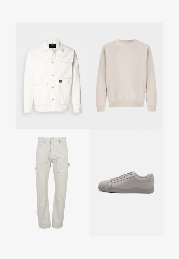 Witte spijkerjack met een knoopsluiting aan de voorkant, twee grote borstzakken en subtiele oranje stiksels. Voorzien van een puntkraag en knoopmanchetten.; Beige crewneck sweatshirt gemaakt van zachte katoen, met een ontspannen pasvorm, ribgebreide boorden en zoom, zonder zichtbare patronen of hardware.; Lichtbeige cargobroek gemaakt van duurzaam katoen. Voorzien van meerdere zakken, drukknoopsluitingen en een rechte pijp.; Grijze leren sneaker met een gladde afwerking, platte veters, ronde neus en een contrasterende grijze rubberen zool. Minimalistisch ontwerp en textuur.