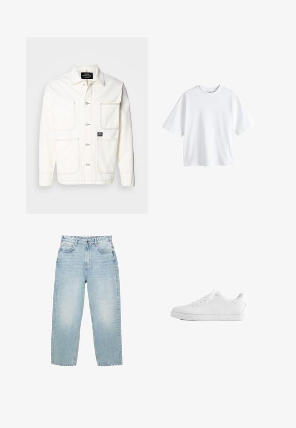 Hvid denimjakke med knaplukning, to store brystlommer og diskret orange stikninger. Har spids krave og knapmanchetter.; Next BOXY FIT - HEAVYWEIGHT T-SHIRT . - T-shirts basic - white; Lyseblå høj talje denim jeans med lige ben, for- og baglommer samt lukning med knap og synlig syning.; Hvid lavtop sneakers med snørebånd, glat læderoverdel og flad gummiå sole set fra siden på en hvid baggrund.