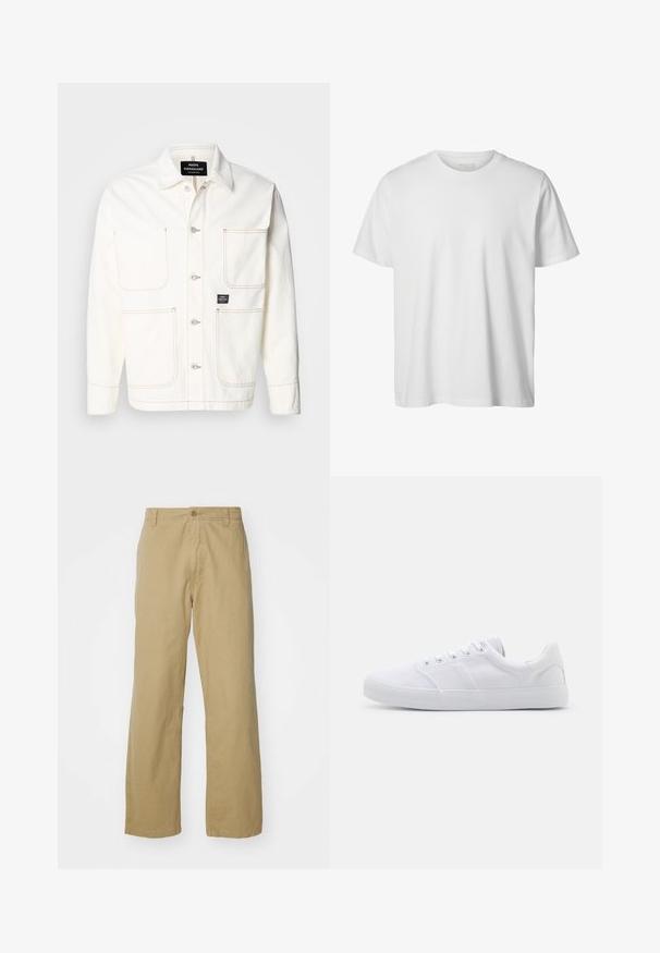 Hvid denimjakke med knaplukning, to store brystlommer og diskret orange stikninger. Har spids krave og knapmanchetter.; Enkelt hvid T-shirt med korte ærmer og rund hals, løs pasform og uden synlige logoer eller designs foran.; Khaki bomuldsbukser med lige ben, der har en frontknaplukning og sidelommer. Glat, robust tekstur.; Hvide lærreds sneakers med gummisål, der har seks snørehuller, en struktureret tåkap og et minimalistisk design.