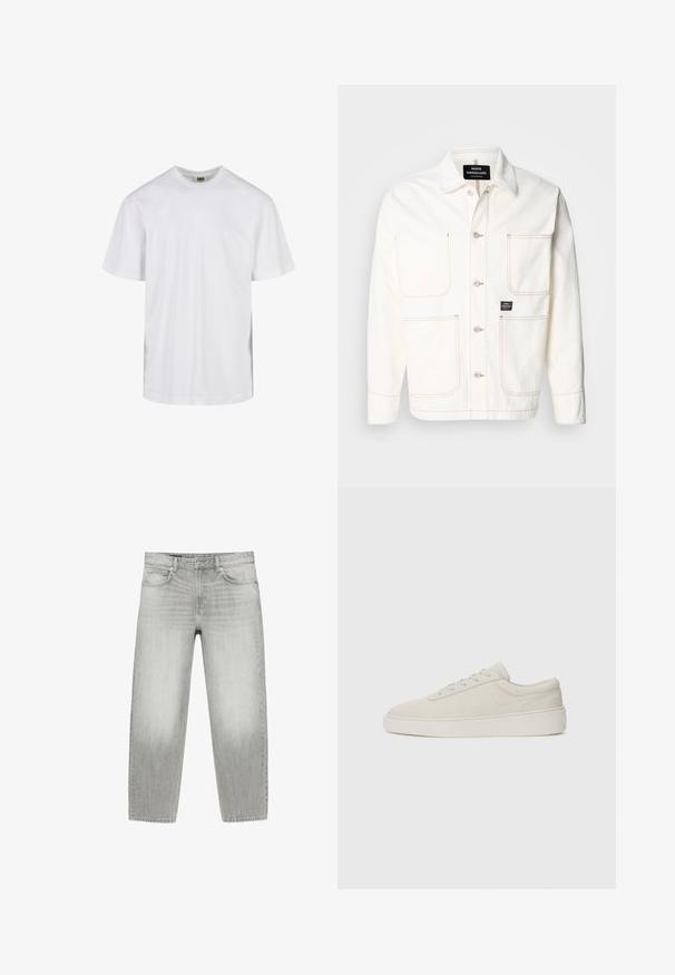 Veste en denim blanc avec boutonnage à l'avant, deux grandes poches poitrine et coutures orange subtiles. Équipée d'un col pointu et de poignets boutonnés.; T-shirt blanc uni à manches courtes avec col rond et coupe décontractée, présenté sur fond blanc.; Jean en denim gris clair, coupe droite, poches avant, passants pour ceinture, fermeture par bouton et fermeture éclair sur fond blanc.; Baskets beiges avec une finition en daim lisse, bout rond et semelle en caoutchouc plate. Présentent un système de laçage et un design minimaliste avec des coutures discrètes.