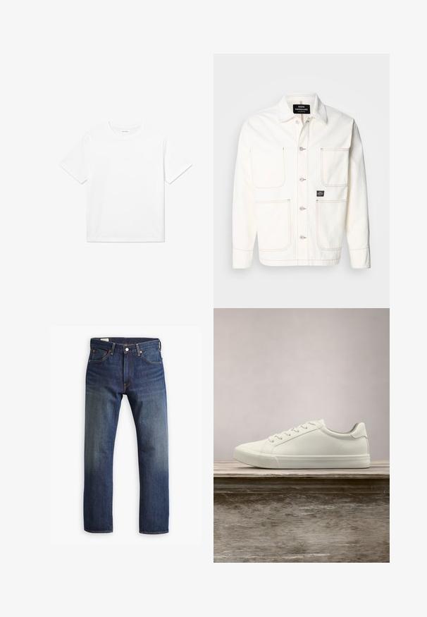Chaqueta de mezclilla blanca con cierre de botones, dos grandes bolsillos en el pecho y sutileza en la costura naranja. Presenta un cuello tipo camisa y puños con botones.; Camiseta de algodón blanca con mangas cortas, cuello redondo y dobladillo recto. Textura suave sin patrones ni acentos visibles.; Jeans de mezclilla azul oscuro con un diseño de pierna recta, que cuentan con un estilo clásico de cinco bolsillos, cierre de botón metálico y costuras visibles.; Zapatilla blanca con cordones flotando sobre un banco de madera con follaje verde al fondo, mostrando el diseño y la textura del zapato.