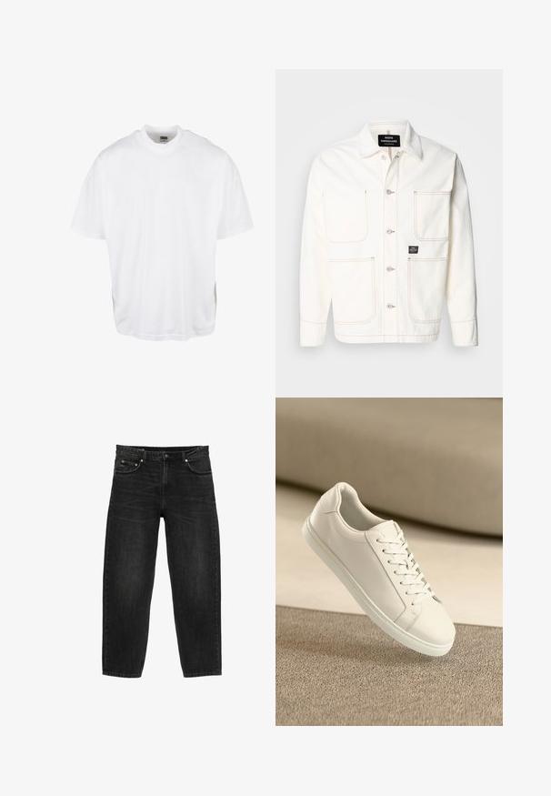 Veste en denim blanc avec boutonnage à l'avant, deux grandes poches poitrine et coutures orange subtiles. Équipée d'un col pointu et de poignets boutonnés.; T-shirt en coton blanc avec une coupe décontractée, des manches courtes et un col rond, présentant un ourlet droit et sans graphiques ni motifs visibles.; Jean en denim noir à coupe droite, design cinq poches, fermeture par boutons et passants de ceinture, présenté à plat sur fond blanc.; Baskets en cuir blanc avec des lacets blancs, exposées sur une surface beige texturée et avec un arrière-plan flou doux.