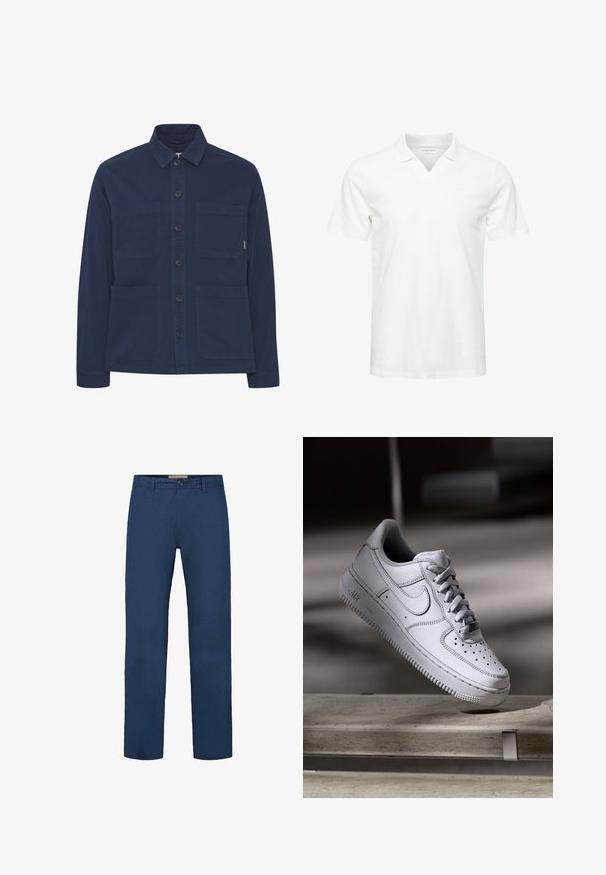 Veste bleu marine en tissu mélangé coton, dotée d'une fermeture à boutons, de deux poches poitrine et d'un col classique.; Polo blanc à manches courtes avec un design à col en V, fabriqué en tissu doux ; présente un logo discret sur la poitrine. Texture lisse, coupe décontractée.; Pantalon en coton bleu marine avec une coupe droite, doté d'une fermeture à boutons à l'avant et de poches latérales visibles. Texture lisse.; La basket Nike Air Force 1 en cuir blanc présente un embout perforé, des lacets plats et une semelle en caoutchouc texturée avec le logo « AIR » sur le côté.