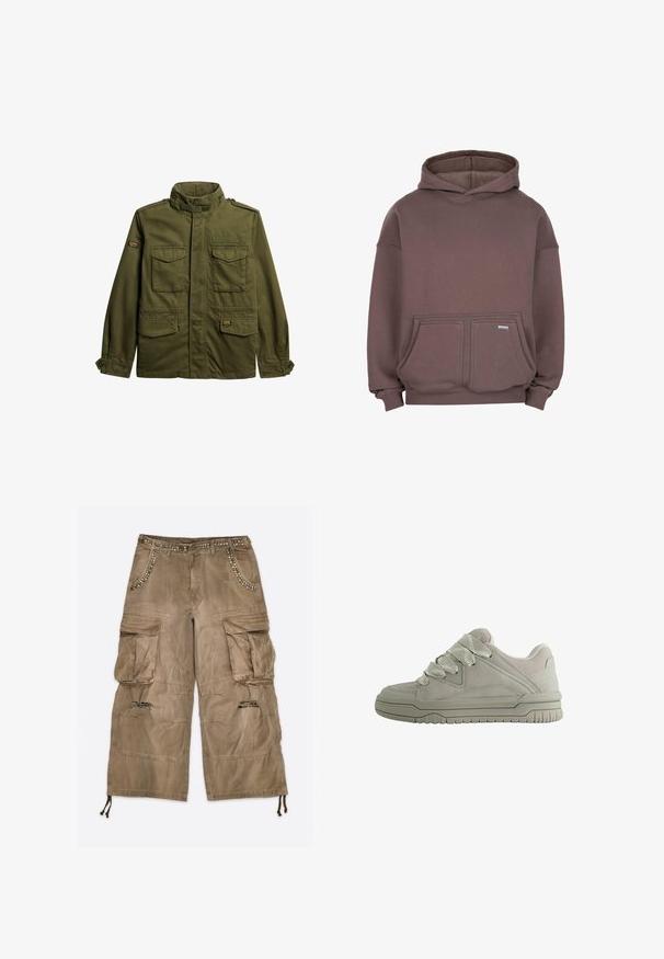 Olivengrøn jakke i slidstærkt stof, med en høj krave, to klaplommer foran og knapdetaljer på ærmerne.; Brun oversized hoodie med hætte, to frontlommer, ribbede manchetter og et lille metal brandtag på højre lomme.; Brune cargobukser med store lommer, slidte stof på knæene, metalknapper langs talje- og lommekanter samt snore i kanten ved benene.; Lav-snit grå sneaker med tykke teksturerede snørebånd, polstret krave, syninger i panelerne og en rilled gummisål for greb.