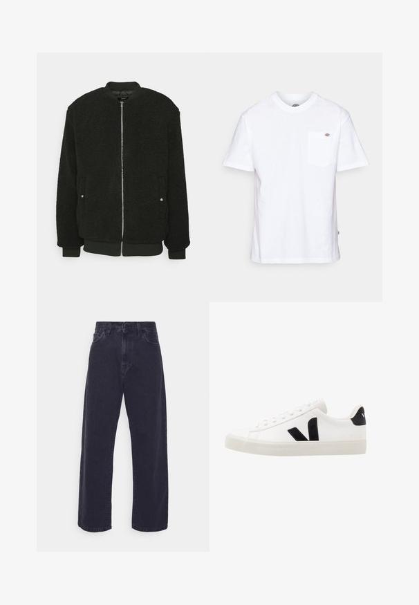 Zign Μπουφάν τύπου bomber - black; Λευκό βαμβακερό μπλουζάκι με στρογγυλή λαιμόκοψη, κοντά μανίκια και τσέπη στο στήθος που διαθέτει ένα μικρό λογότυπο στη αριστερή πλευρά.; Σκούρο τζιν παντελόνι με φαρδιά εφαρμογή, ψηλή μέση και πέντε τσέπες. Περιλαμβάνει κλασικό κούμπωμα με κουμπί και φερμουάρ.; Λευκό δερμάτινο sneaker με μαύρες σουέτ λεπτομέρειες; διαθέτει καουτσούκ σόλο, στρογγυλή μύτη και κλασικό σχέδιο με κορδόνια. Λογότυπο στην πλευρά σε μαύρο χρώμα.