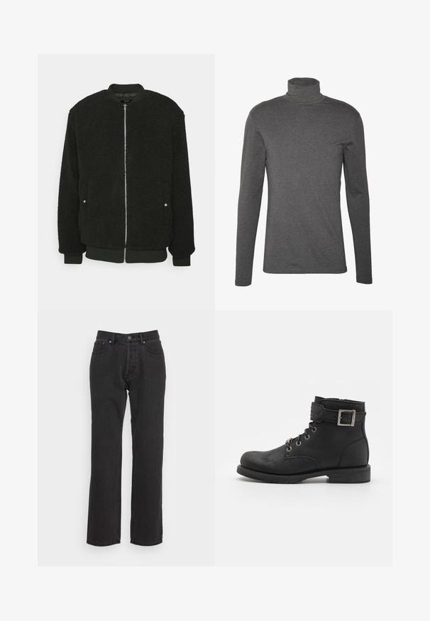 Zign by Zalando Bomberjacke - black; Graues Langarm-Turtleneck-Shirt aus weichem Stoff, mit taillierter Passform und minimalen Nähten am Hals und an den Bündchen.; Schwarze Jeans aus Denim mit geradem Bein, ausgestattet mit einem vorderen Knopfverschluss, Gürtelschlaufen und zwei Seitentaschen. Strukturiertes Material.; Schwarze Leder-Ankle-Boots mit schnürbarem Design, Metallbeschlägen und einem seitlichen Riemen mit Schnallendetail. Robuste Sohle und glatte Textur.