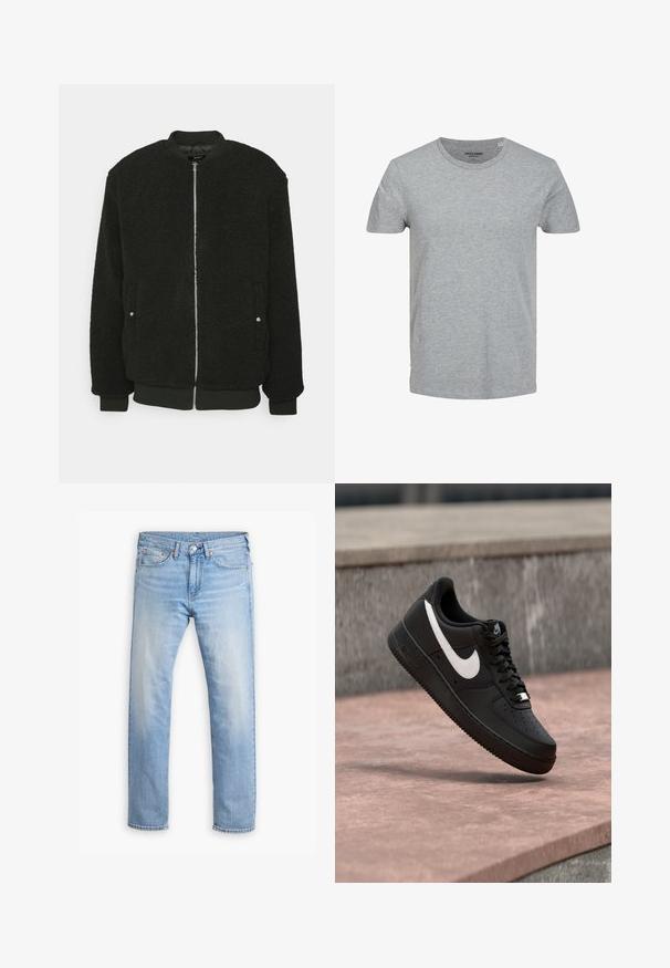 Zign by Zalando Blouson Bomber - black; T-shirt gris à manches courtes en coton doux. Doté d'un col ras du cou classique et d'une coupe régulière. Design simple sans motifs ni accents.; Jean en denim bleu clair avec une coupe droite, cinq poches et un bouton de fermeture. Présente un léger délavage et des accents de couture orange.; Basket Nike Air Force 1 noire avec logo swoosh blanc flottant au-dessus d'une surface en pierre et d'un mur texturé gris en arrière-plan.