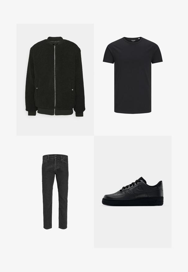 Zign Bomberjakke - black; Sort bomulds T-shirt med rund hals, korte ærmer og et enkelt design. Glat tekstur, ingen mønstre eller synligt tilbehør.; Sorte denimbukser med lige ben, fem lommer og bæltestropper, der har en let falmet tekstur og kontraststing. ; Sort Nike Air Force 1 sneaker med en glat læderoverdel, perforeret tå for åndbarhed, sorte snørebånd og en textured gummisål.