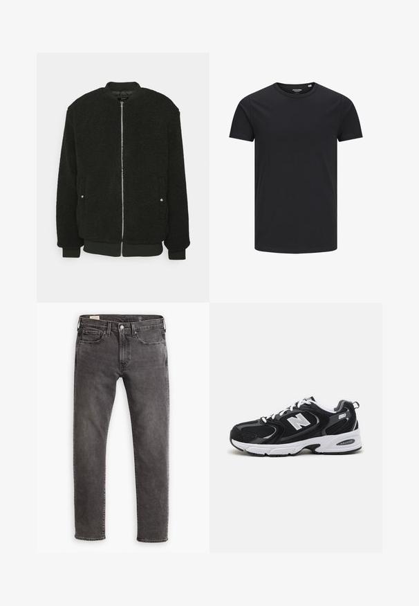 Zign by Zalando Bombera - black; Čierne bavlnené tričko s okrúhlym výstrihom, krátkymi rukávmi a jednoduchým dizajnom. Hladký povrch, bez vzorov alebo viditeľného hardvéru.; Šedé denímové nohavice so strižením v rovnom strihu, dizajnom s piatimi vreckami a gombíkovým zapínaním. Obsahujú jemné blednutie a tónovité šitie po celom obvode.; Čierne a šedé športové topánky s hornou časťou z mikrovlákna a zamatu, s bielou medzipodrážkou, šnúrkami a výrazným logom "N" na boku.