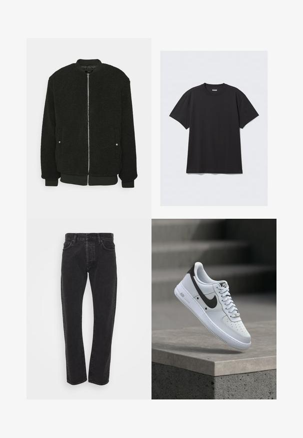 Zign by Zalando Bombera - black; Čierne tričko s krátkym rukávom vyrobené z bavlny. Má okrúhly výstrih a voľný strih. Jednoduchý dizajn bez vzorov alebo akcentov.; Pánske čierne rovné džínsy so zapínaním na gombík a zips, piatimi vreckami a pútkami na opasok na jednoduchom bielom pozadí.; Biela teniska Nike Air Force 1 s čiernym logom Swoosh, vznášajúca sa nad betónovým okrajom s rozmazanými schodmi na pozadí.