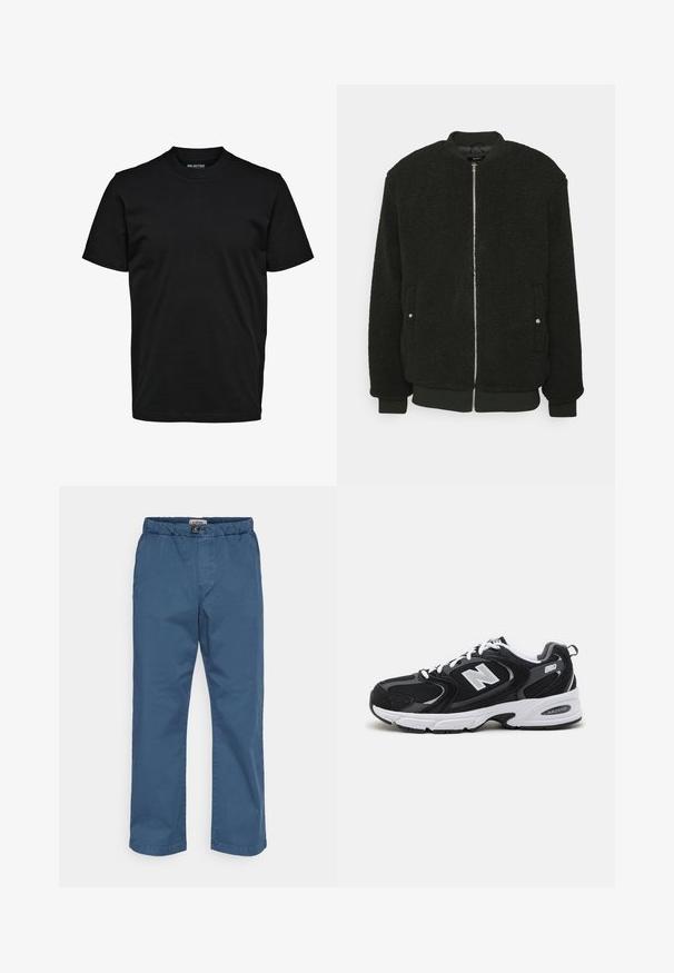 Zign by Zalando Bomberjacks - black; Eenvoudig zwart T-shirt met korte mouwen, ronde hals en een normaal model zonder zichtbare patronen of logo's.; Chino-broek in donkerblauwe katoen. Kenmerkt zich door een elastische tailleband, rechte pijpen en een gladde textuur. Geen zichtbare patronen of versieringen.; Zwarte en grijze sport schoenen met een bovenwerk van mesh en suede, voorzien van een witte tussenzool, veters en een gedurfde "N"-logo aan de zijkant.