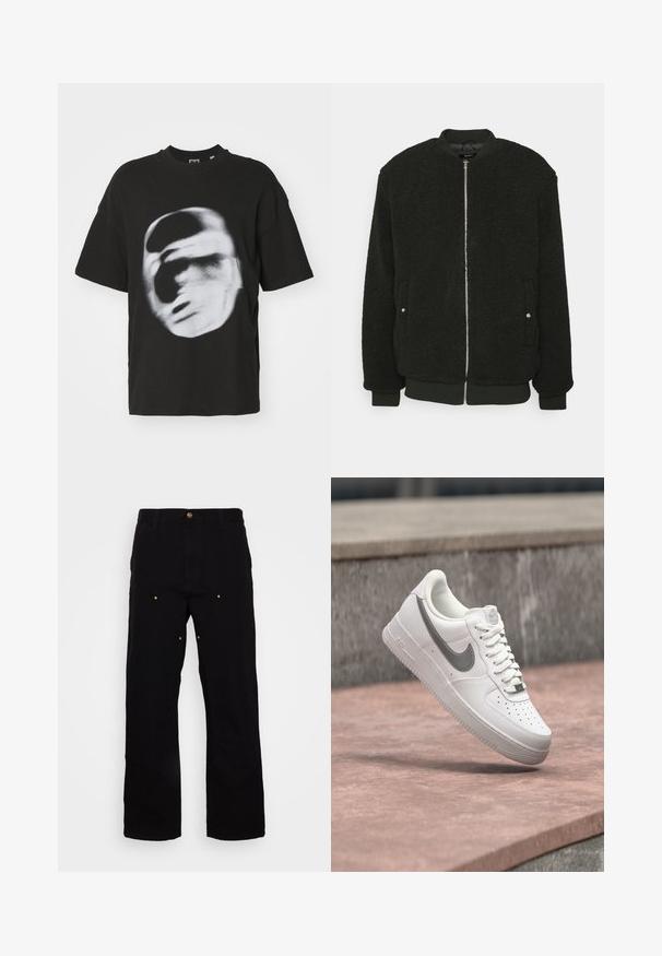 Zign by Zalando Μπουφάν τύπου bomber - black; Μαύρο βαμβακερό μπλουζάκι με θολή λευκή γραφική απεικόνιση προσώπου. Μικρά μανίκια και στρογγυλή λαιμόκοψη.; Μαύρο τζιν παντελόνι με σχέδιο ευθείας γραμμής, διαθέτοντας χρυσά μεταλλικά στοιχεία και ορατές ραφές στις μπροστινές και πίσω τσέπες.; Λευκό sneaker Nike Air Force 1 με γκρι λογότυπο swoosh να αιωρείται πάνω από μια πέτρινη επιφάνεια και φόντο από γκρι πέτρινο τοίχο.