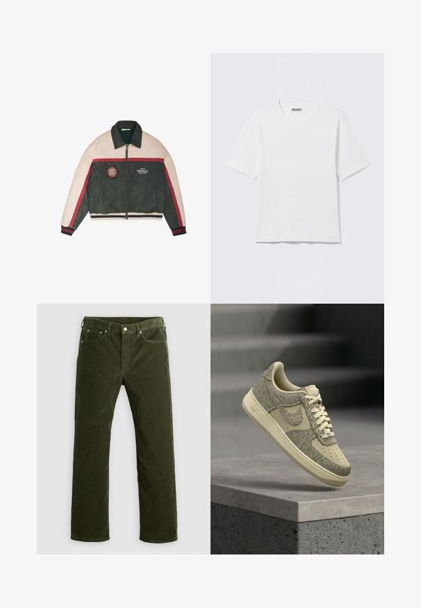 Tweekleurig jack met ritssluiting, beige mouwen, donkergroene body, rode strepen, een patch op de linkerborst en het logo "PROHIBITED Racing Club" op de rechterborst.; Effen witte T-shirt met korte mouwen en ronde hals, met een klein "WEEKDAY" label aan de binnenkant van de achterkraag, weergegeven op een vlakke ondergrond.; Olijfgroene corduroy rechte pijpen broek met voorknop, ritssluiting, riemlussen en vijf-vakken ontwerp op een witte achtergrond.; Beige en grijze Nike Air Force 1 sneaker met gestructureerde stof en gladde panelen, zwevend boven een betonnen oppervlak met vervaagde trappen op de achtergrond.