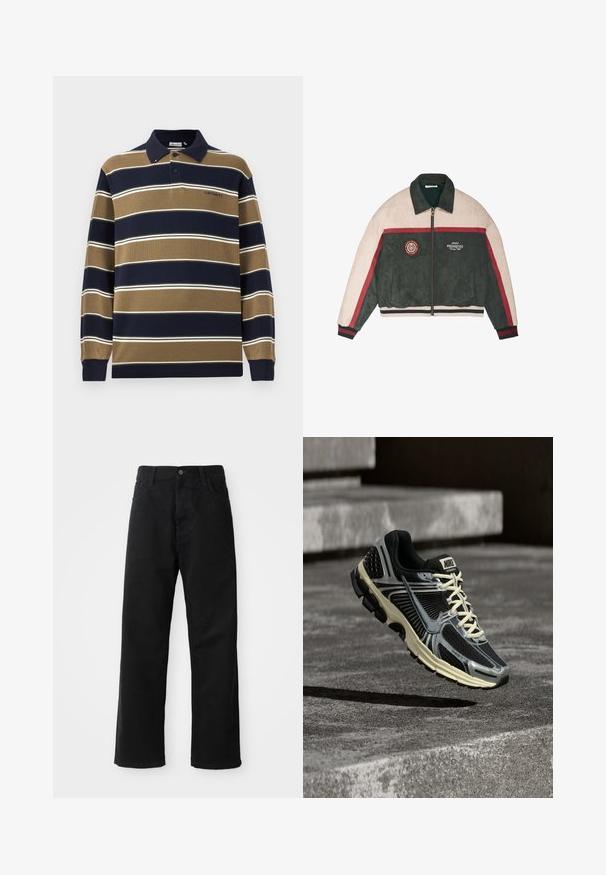 Tweekleurig jack met ritssluiting, beige mouwen, donkergroene body, rode strepen, een patch op de linkerborst en het logo "PROHIBITED Racing Club" op de rechterborst.; Poloshirt met lange mouwen in marineblauw, beige en witte verticale strepen; beschikt over een kraag, drie knopen aan de voorkant en een geborduurd logo op de borst.; Zwarte denim broek met een rechte pasvorm, voorzien van voorzakken, een rits en een enkele bovenste knoop. Gestructureerde stof met een matte afwerking.; Zwart-grijze Nike hardloopschoen met crèmekleurige veters die boven een gestructureerd betonnen oppervlak zweeft.