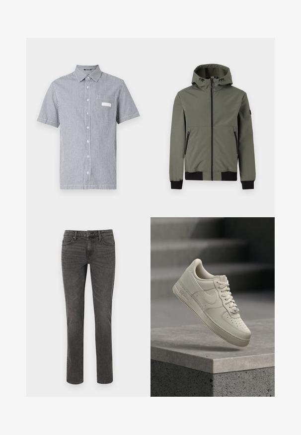 Only & Sons Bomber ONSBOWIE Bomber - Ελαφρύ μπουφάν - castor gray; Κοντομάνικο πουκάμισο με κουμπιά σε μπλε και λευκή ρίγα, διαθέτει τσέπη στο στήθος και κλασικό γιακά. Κατασκευασμένο από ελαφρύ ύφασμα.; Γκρίζα τζιν παντελόνια με ευθύ κόψιμο, ραφές, πέντε τσέπες και μεταλλικό κούμπωμα στη μέση.; Μοναδικό μπεζ αθλητικό παπούτσι με κορδόνια αιωρείται πάνω από γκρι τσιμεντένια επιφάνεια, το λογότυπο της Nike ορατό, το φόντο με τη σκάλα είναι θολό.