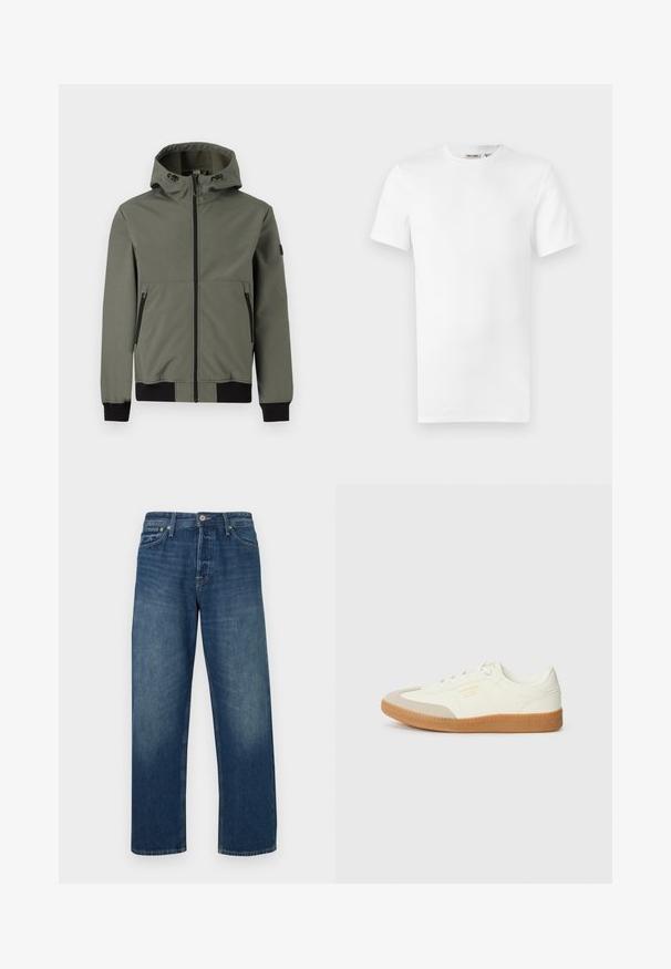 Only & Sons ONSBOWIE SOFTSHELL BOMBER NOOS - Ελαφρύ μπουφάν - castor gray; Κανονικό λευκό κοντομάνικο T-shirt με στρογγυλή λαιμόκοψη και μικρό ετικέτα του brand μέσα στο γιακά, παρουσιασμένο σε λευκό φόντο.; Σκούρα μπλε τζιν με ίσιο κόψιμο στα πόδια, με κλασικό κλείσιμο με κουμπιά και σχεδίαση με πέντε τσέπες. Υπόλευκο ξεθώριασμα στο μπροστινό μέρος.; Αθλητικά παπούτσια από λευκό δέρμα με μπεζ κάλυμμα δαχτύλων και ανοιχτό καφέ καουτσούκ σόλα. Έχουν επίπεδες λευκές κορδόνες και ανάγλυφο λογότυπο στο πλάι.