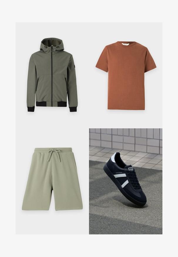 Only & Sons Bomber ONSBOWIE Bomber - Kerge jope - castor gray; Pruun lühikeste varrukatega ümar kaelusega T-särk, mis on valmistatud pehmest puuvillast. T-särk on lihtsa disainiga, ilma nähtavate mustrite või kaunistusteta.; Heledad rohelised lühikesed püksid, mis on valmistatud tekstureeritud kangast, elastse vöökoha ja nööriga. Sirge lõikega ja põlvepikkune disain.; Must have musta sneaker musta valgete triipudega, tekstuurne kummitald ja nööridega esiosa. Omab bränditud märki keele peal.
