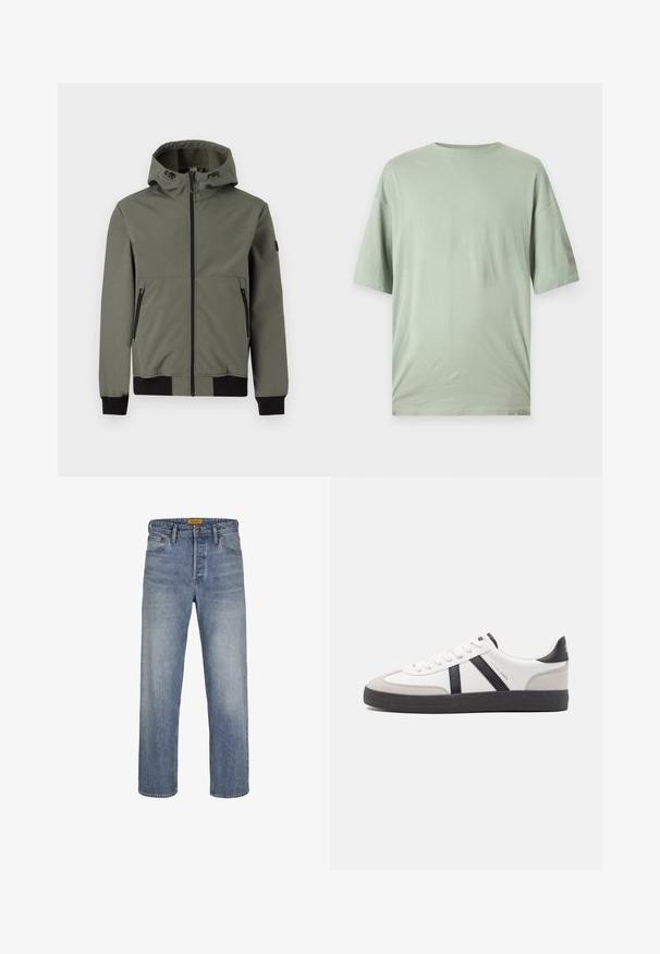 Only & Sons Bomber ONSBOWIE Bomber - Overgangsjakke - castor gray; Lys grøn kortærmet t-shirt lavet af blødt stof. Har en rund halsudskæring og en afslappet pasform uden synlige mønstre eller udsmykninger.; Lys blå lige ben jeans lavet af denim, med en falmet vask, fem lomme-design, bæltestropper og lynlås med knaplukning.; Hvide sneakers med sorte og grå detaljer, med en tekstureret grå tåhætte, sort gummisål og flade hvide snørebånd. Rent design, minimalistisk stil.