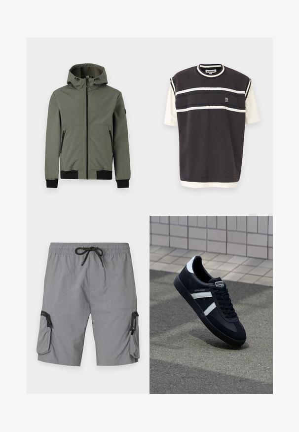 Only & Sons Bomber ONSBOWIE Bomber - Overgangsjakke - castor gray; T-shirt med korte ærmer, der har en mørk farve med cremefarvede vandrette striber og broderet logo. Fremstillet af blødt bomuld med en afslappet pasform.; Grå cargo shorts lavet af letvægtsstof, med elastisk talje og snøre, sidelommer og en dekorativ lynlåslomme.; Sort lædersneaker med hvide striber, tekstureret gummisål og snørrebånd foran. Har et brandet mærke på tungen.