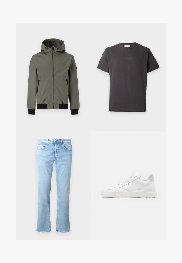 Only & Sons ONSBOWIE SOFTSHELL BOMBER NOOS - Overgangsjakke - castor gray; Mørkegrå kortærmet bomulds-t-shirt med et diskret reliefprint af "REPLAY" logoet foran. Rund halsudskæring og afslappet pasform.; Lyseblå denimjeans har en lige ben-design, fem lomme-styling og en knaplukning. Stoffet har en glat tekstur med falmede accenter.; Hvide lædersneakers med en glat finish, rund tå, flade snørebånd og en struktureret sål. Grå ruskindsdetalje ved hælen.