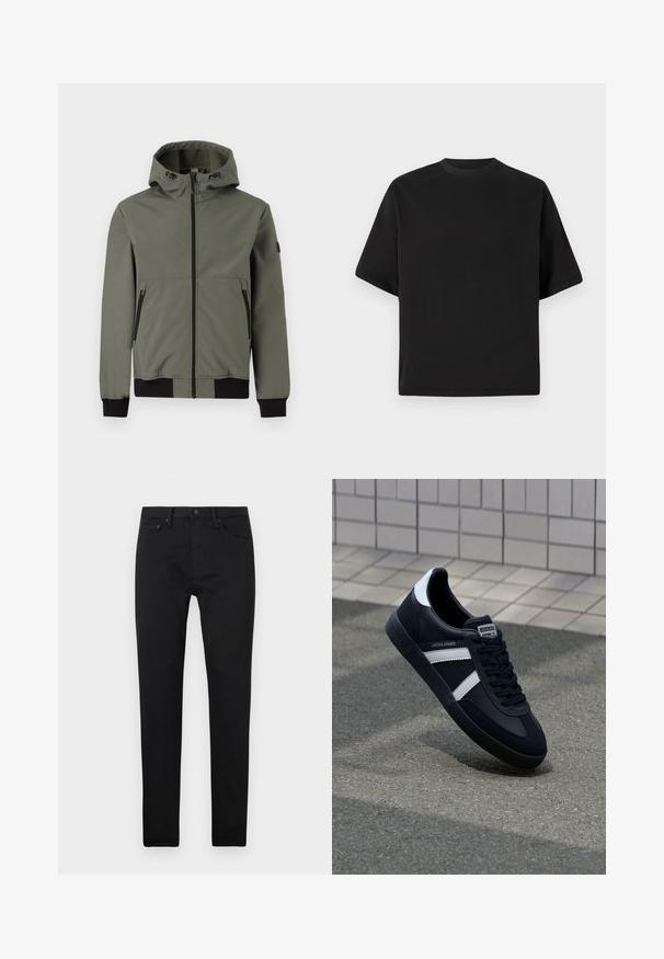 Only & Sons ONSBOWIE SOFTSHELL BOMBER NOOS - Outdoorjakke - castor gray; Sort T-shirt med kortærmer i løs pasform, lavet af glat bomuld, med rund halsudskæring og minimalistisk design.; Sorte slim-fit jeans med fem lommer, knaplukning og bæltestropper, præsenteret på en ensfarvet hvid baggrund.; Sort lædersneaker med hvide striber, tekstureret gummisål og snørrebånd foran. Har et brandet mærke på tungen.