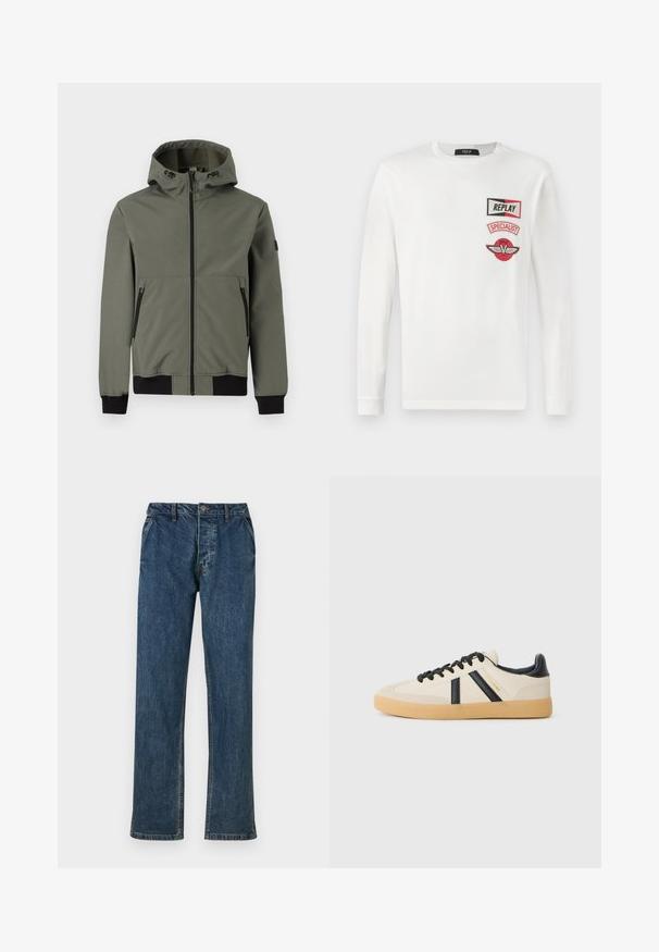 Only & Sons ONSBOWIE SOFTSHELL BOMBER NOOS - Ľahká bunda - castor gray; Biela košeľa s dlhým rukávom a troma červenými a čiernymi nášivkami na ľavej strane hrude: "REPLAY," "SPECIALIST" a logo s krídlovým V.; Modré denimové džínsy so strihom rovného noha, dizajnom s piatimi vreckami a gombíkovým zapínaním. Tkanina vykazuje jemnú textúru so zosvetlenými akcentami.; Pohodlné tenisky v krémovej farbe s čiernymi pruhmi, s textúrovaným zvrškom a podrážkou z gumy. Šnúrky sú čierne. Diskrétny logo na boku.