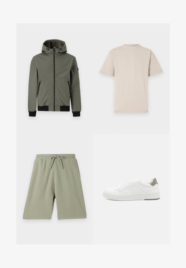 Only & Sons ONSBOWIE SOFTSHELL BOMBER NOOS - Übergangsjacke - castor gray; Beige T-Shirt mit kurzen Ärmeln, Rundhalsausschnitt, aus glattem Baumwollstoff, mit lässiger Passform und ohne sichtbare Muster oder Verzierungen.; Hellgrüne Shorts aus einem strukturierten Stoff mit einem elastischen Bund und Kordelzug. Gerade geschnitten und knielang.; Weißer Sneaker aus glattem Leder, runde Zehenpartie, minimalistisches Design, graue Fersenkante und strukturierte Gummisohle.