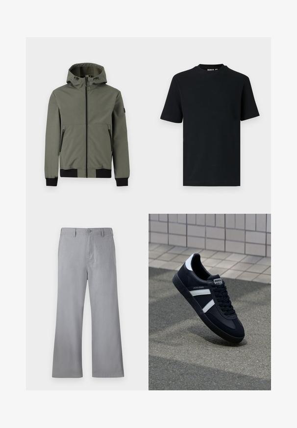Only & Sons Bomber ONSBOWIE Bomber - Übergangsjacke - castor gray; Schwarzes, kurzärmeliges, geripptes Strick-T-Shirt mit Rundhalsausschnitt und einem kleinen, sichtbaren Etikett im Krageninnenteil.; Graue weite Hosen aus weichem Stoff, mit einem vorderen Knopfverschluss, Gürtelschlaufen und einem schlichten Design ohne sichtbare Muster oder Akzente.; Schwarze Leder-Sneaker mit weißen Streifen, strukturiertem Gummisohle und Schnürung. Verfügt über ein Markenetikett auf der Zunge.