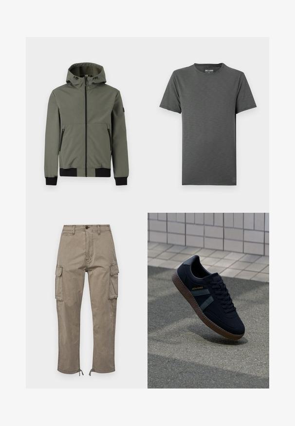 Only & Sons ONSBOWIE SOFTSHELL BOMBER NOOS - Ελαφρύ μπουφάν - castor gray; Σκούρο γκρι κοντομάνικο T-shirt με στρογγυλή λαιμόκοψη και λεπτή υφή heather, απλωμένο επίπεδα σε φωτεινό φόντο.; Cargo παντελόνια σε απαλό ταμπά χρώμα, κατασκευασμένα από βαμβάκι, διαθέτουν πλαϊνές τσέπες, ευθύ κόψιμο και ρυθμιζόμενα μπατζάκια με κορδόνια.; Μαύρο αθλητικό παπούτσι με υφή επιφάνειας, σκούρες πράσινες ρίγες και καφέ καουτσούκ σόλα. Διαθέτει κορδόνια και σήμα στο πλάι.