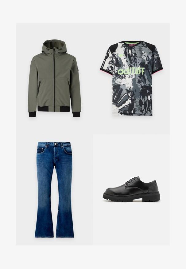 Only & Sons ONSBOWIE SOFTSHELL BOMBER NOOS - Veste mi-saison - castor gray; T-shirt de sport à manches courtes et col rond avec un imprimé abstrait noir, blanc et gris ; présente un logo "adiTUFF" vert fluo et des accents roses.; Jean en denim bleu évasé avec un lavage moyen, comportant cinq poches, une fermeture à bouton et des coutures visibles. Texture lisse avec un léger dégradé.; Chaussures en cuir noir avec un bout rond, un laçage et une semelle en caoutchouc épaisse et texturée. Présente des coutures le long du bord et une finition lisse.