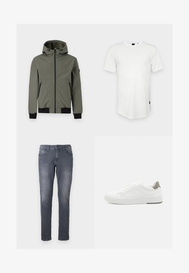 Only & Sons Bomber ONSBOWIE Bomber - Ελαφρύ μπουφάν - castor gray; Λευκή κοντομάνικη μπλούζα φτιαγμένη από βαμβάκι, με στρογγυλή λαιμόκοψη και ελαφρώς μακρύτερη πλάτη, που διαθέτει μια μικρή λογότυπο λεπτομέρεια στο πλάι.; Γκρι τζιν παντελόνι με στενή εφαρμογή, διαθέτοντας φερμουάρ, βρόχους ζώνης, εμπρόσθετες τσέπες και φθαρμένο φινίρισμα. Τυπικός ίσιος σχεδιασμός ποδιών.; Λευκά αθλητικά παπούτσια από λεία δέρμα, με στρογγυλή μύτη, μινιμαλιστικό σχέδιο, γκρι λεπτομέρεια στη φτέρνα και υφασμάτινη αντιολισθητική σόλα.
