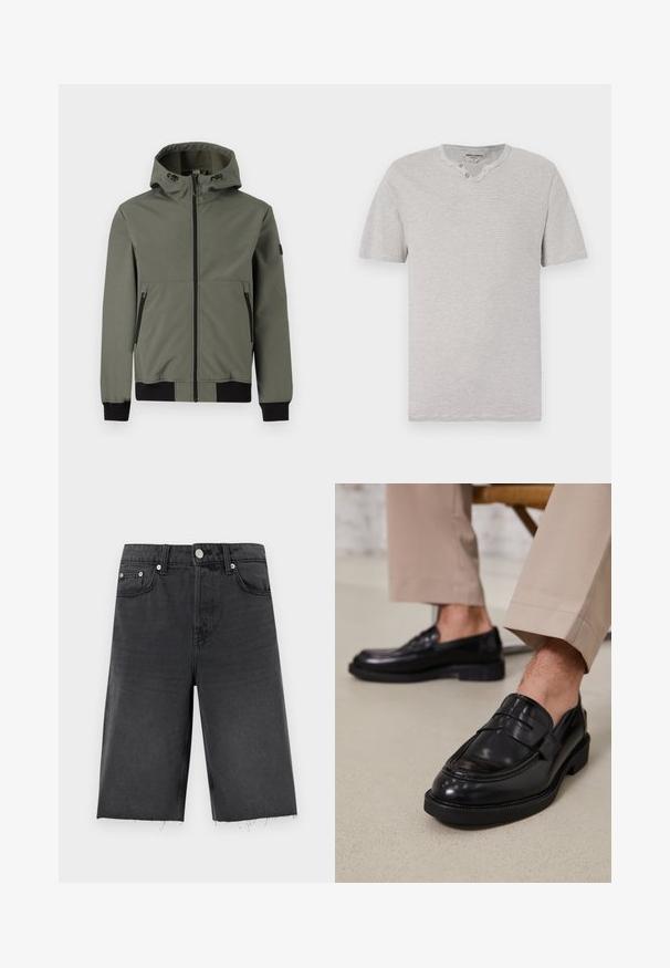 Only & Sons ONSBOWIE SOFTSHELL BOMBER NOOS - Veste mi-saison - castor gray; T-shirt à manches courtes, rayé gris et blanc, avec un col rond et deux boutons au niveau du cou. Tissu doux avec une coupe décontractée.; Shorts en denim noir à coupe droite, avec un ourlet légèrement effiloché, des passants de ceinture, cinq poches et des boutons en métal argenté.; Mocassins en cuir noir avec une finition lisse, ornés d'une sangle décorative et de coutures contrastées, associés à un pantalon beige.
