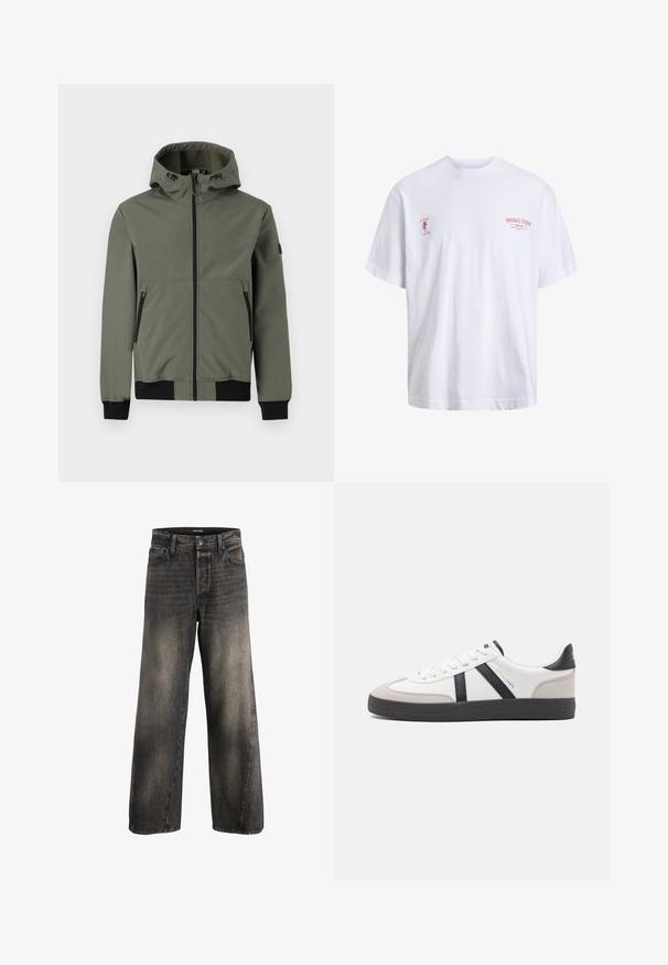 Only & Sons Bomber ONSBOWIE Bomber - Übergangsjacke - castor gray; Weißes Baumwoll-T-Shirt mit kurzen Ärmeln, mit rotem Text auf der Vorderseite und dem linken Ärmel. Lässige, entspannte Passform mit rundem Halsausschnitt.; Hochtaillierte, weit geschnittene schwarze, ausgewaschene Jeans mit vorderem Knopf- und Reißverschluss sowie standartmäßigen Fronttaschen.; Weiße Sneaker mit schwarz- und grau-aczenten, ausgestattet mit einer strukturierten grauen Zehenkappe, schwarzer Gummi-Sohle und flachen weißen Schnürsenkeln. Sauberes Design, minimalistische Stil.