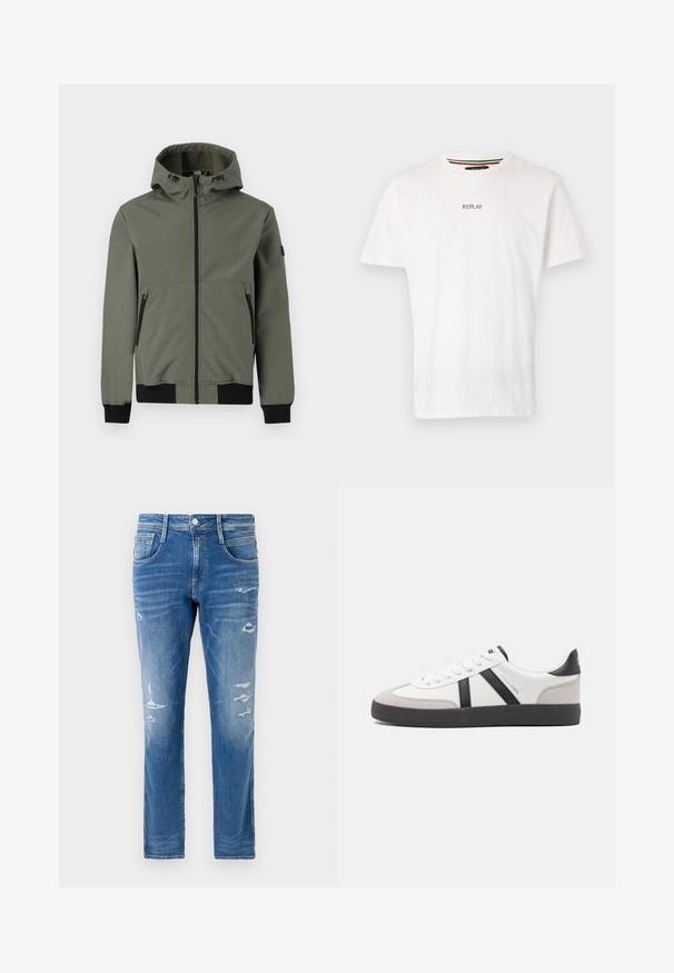 Only & Sons Bomber ONSBOWIE Bomber - Overgangsjakke - castor gray; Hvid bomulds t-shirt med v-hals, korte ærmer, og en lille "REPLAY" trykt på brystet. Glat tekstur, afslappet pasform.; Denim jeans i en lys blå vask med almindelig pasform. Har slidte detaljer og subtilt slid ved lommerne og knæene.; Hvide sneakers med sorte og grå detaljer, med en tekstureret grå tåhætte, sort gummisål og flade hvide snørebånd. Rent design, minimalistisk stil.