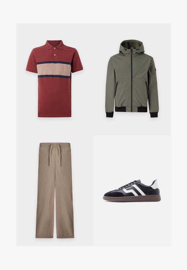 Only & Sons Bomber ONSBOWIE Bomber - Välikausitakki - castor gray; Lyhythihainen polo-paita tiilenpunaisena, jossa on beige vaaka-aita, jota reunustaa tummansininen rintaosassa, kahden napin nappilista ja resorikaulus.; Vaaleanruskeat, löysät housut, joissa on joustava vyötärö ja nauhakuulakko; helmoissa on sivuaukot lisäyksinä.; Musta tennarit, joissa mokkanahka- ja synteettimateriaalia, valkoiset vinoraitat ja ruskea kuvioitu pohja. Varustettu nyörityksellä ja pehmustetulla kauluksella.
