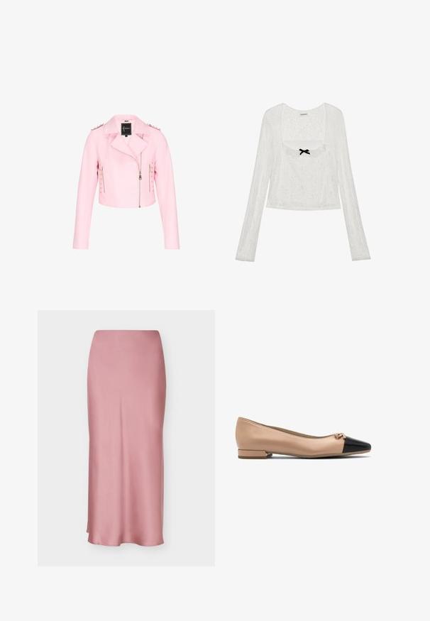Afskåret pink faux læderjakke med klapkrave, lynlås foran og dekorative nitter langs skuldrene; slank og glat tekstur.; Hvid langærmet blondetop med firkantet udskæring, flæsekanter og lille sort sløjfeaccent i midten foran.; Mauve lyserød satin midinederdel med høj talje, glat, let udvidet silhuet og lige kant.; Beige læder balletflade med en sort kappe og lille sløjfe detalje foran, med en lav blokhælcirkler for støtte.