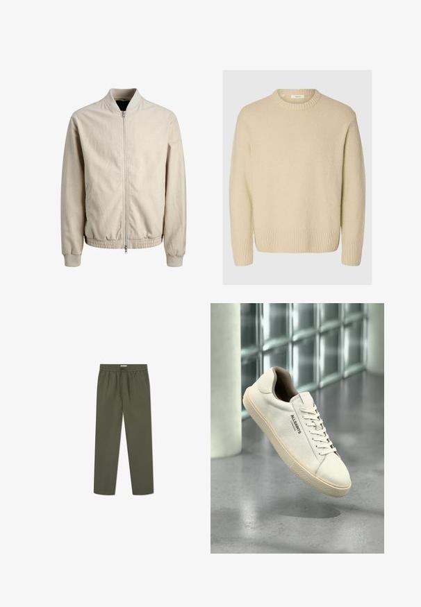 Beige Zip-Bomberjacke mit geripptem Kragen, Bündchen und Saum, mit Seitentaschen und langen Ärmeln.; Cremfarbener Pullover aus strukturiertem Stoff. Verfügt über einen gerippten Rundhalsausschnitt und gerippte Bündchen, mit einem lockeren Schnitt und langen Ärmeln.; Olivgrüne Hose mit elastischem Bund, Kordelzug und seitlichen Taschen. Der Stoff hat eine glatte, leichte Textur.; Weißer Canvas-Sneaker mit beiger Sohle und Schnürsenkeln, "AllSaints London" Logo an der Seite, schwebend über einem grauen, polierten Boden in der Nähe von Glasblöcken.