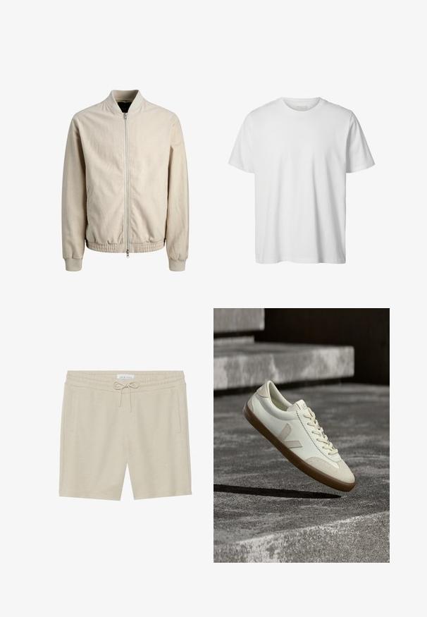 Μπεζ bomber μπουφάν με φερμουάρ, ribbed γιακά, μανσέτες και στρίφωμα, με πλαϊνές τσέπες και μακριά μανίκια.; Απλό λευκό κοντομάνικο μπλουζάκι με στρογγυλή λαιμόκοψη, άνετη εφαρμογή και χωρίς ορατά λογότυπα ή σχέδια στο μπροστινό μέρος.; Καπέλα σε khaki χρώμα, φτιαγμένα από μαλακό ύφασμα, με μέση που ρυθμίζεται με κορδόνι, δύο πλάγιες τσέπες και άνετη εφαρμογή.; Λευκά δερμάτινα αθλητικά παπούτσια με καφέ καουτσούκ σόλα, επίπεδα κορδόνια και V-σχήμα διακοσμητικό στη πλευρά. Διαθέτουν ομαλή επιφάνεια και ελάχιστες ραφές.