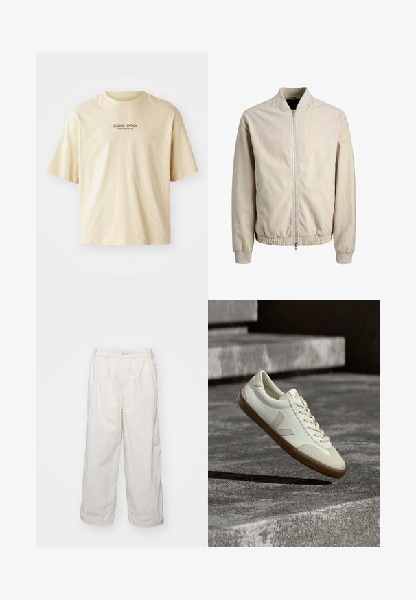 Beige bomberjack met ritssluiting, geribde kraag, manchetten en zoom, met steekzakken en lange mouwen.; Beige katoenen t-shirt met een ronde hals, korte mouwen en de tekst "STUDIO EDITION" in zwarte print over de borst.; Witte katoenen wijde broek met een elastische tailleband, voorzien van een knoopsluiting aan de voorkant en zijzakken. Gladde textuur en minimalistisch ontwerp.; Witte leren sneakers met een bruine rubberen zool, platte veters en een V-vormig accent aan de zijkant. Ze hebben een glad oppervlak en minimale stikdetails.