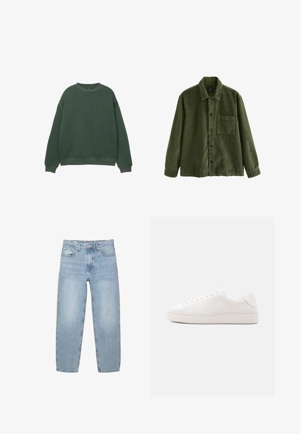 Waldgrüner Cordjacke mit Kragen, Fronttasche und Knopfverschluss. Strukturierter Stoff mit vertikalen Rippendetails.; Dunkelgrüner Pullover mit Rundhalsausschnitt, langen Ärmeln und gerippten Bündchen. Hergestellt aus einem weichen, strukturierten Stoff mit einer lockeren Passform.; Hellblaue Denim-Jeans, lockere Passform, hoch sitzend, mit fünf Taschen, Knopf- und Reißverschluss, gerade Beine mit leicht ausgefranstem Saum.; Weißer Ledersneaker mit glattem Finish, rundem Zehenbereich, sechs Augen für die Schnürung und einer strukturierten Gummisohle. Minimalistisches Design ohne Muster.