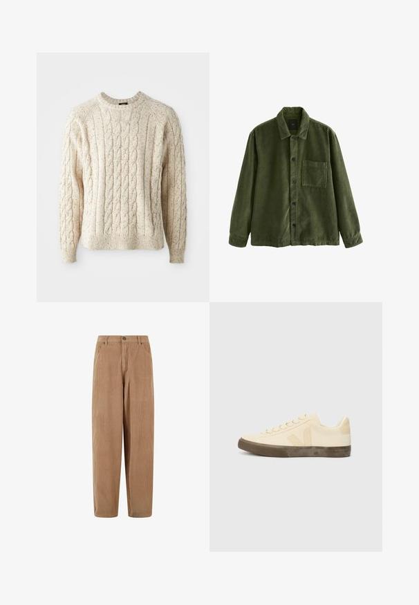 Chaqueta de pana verde forestal con cuello tipo polo, bolsillo frontal y cierre de botones. Tejido texturizado con detalles de estrías verticales.; Suéter de punto trenzado color crema con cuello redondo, patrón texturizado y puños y dobladillo acanalados. Hecho de hilo suave y grueso.; Pantalones de pana en marrón claro con diseño de pierna recta, que cuentan con un cierre de botón y bolsillos laterales, superficie de textura acanalada.; Zapatilla de lona beige con puntera redonda, cordones planos y suela de goma marrón texturizada. Presenta un logo en el lateral y un diseño minimalista.